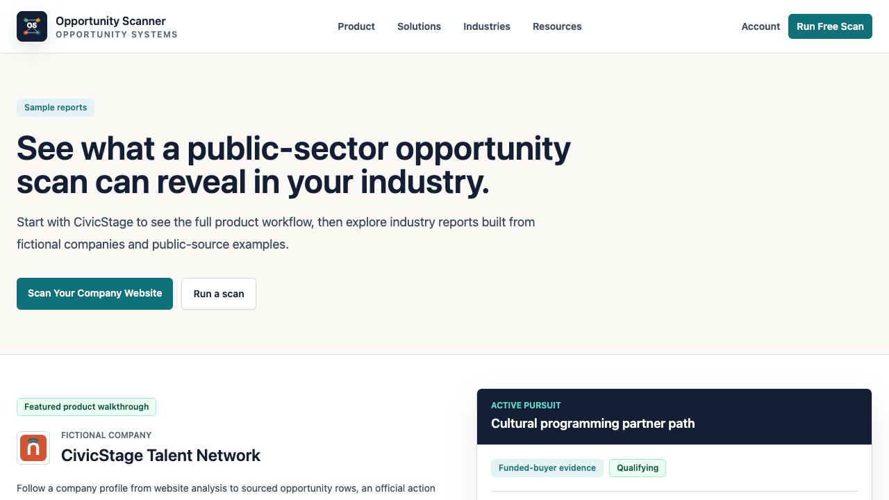 Opportunity Scanner CivicStage walkthrough showing a sourced report and active pursuit preview